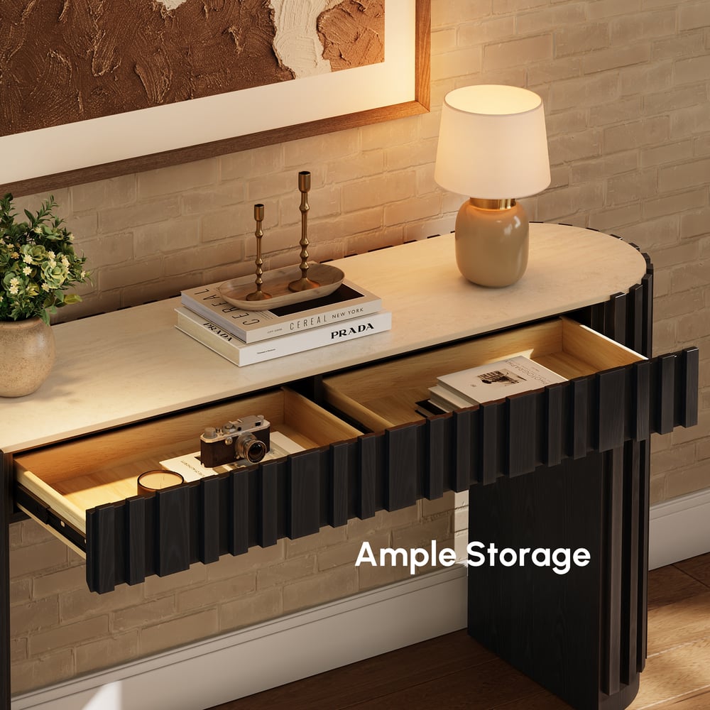 Aura 60" Ash Wood Fluted Black Console Table With Sintered Stone Top window image