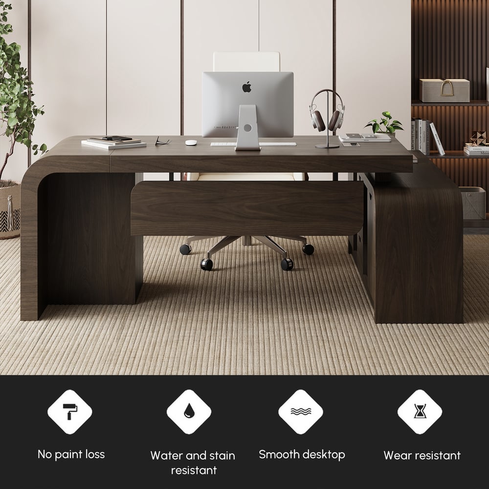 Chicent 71'' L-shaped Smoked Brown Computer Desk with Cabinet Left Hand window image