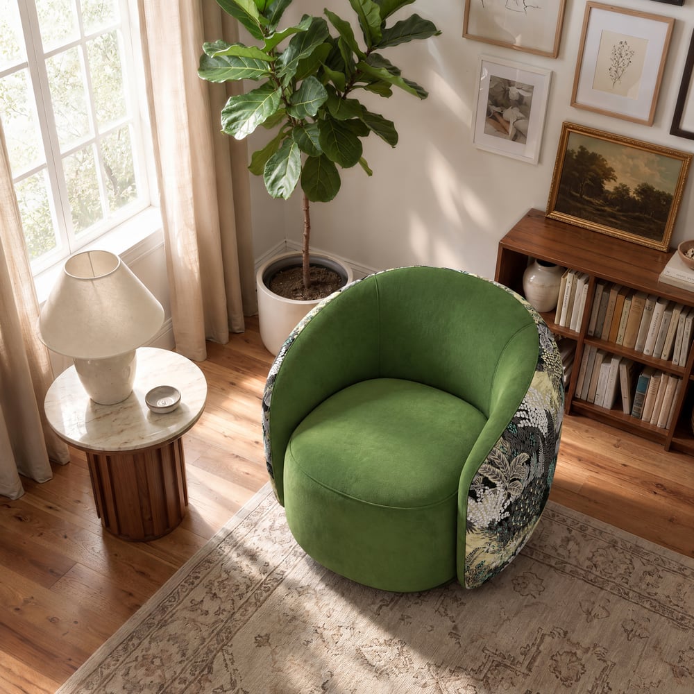 Performance Velvet 360° Swivel Barrel Accent Chair window image