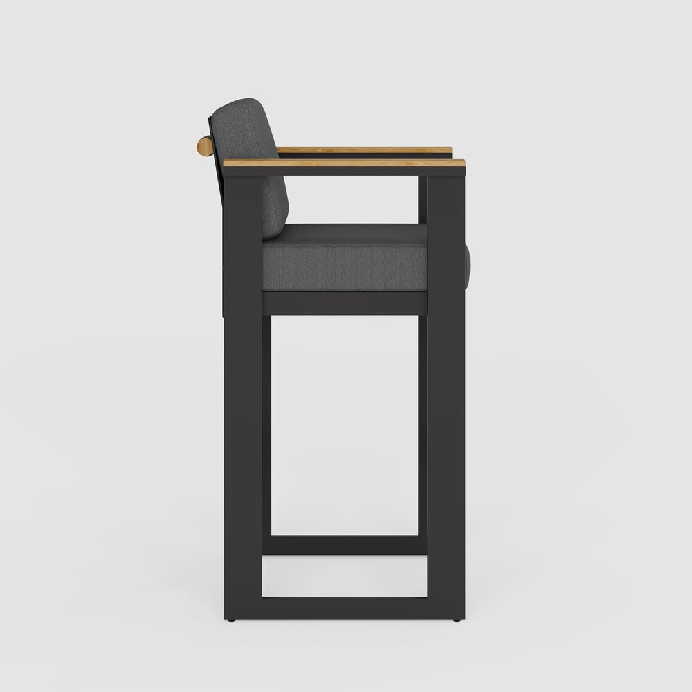 Tevara Outdoor Aluminum Frame & Teak Wood Armrest Bar Stools in Dark Gray, Set of 2 window image