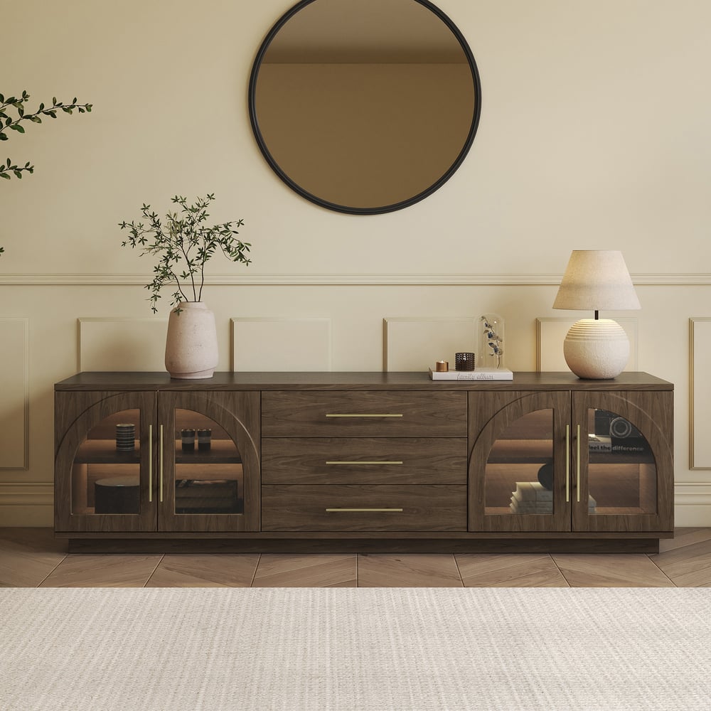Arune 72" Arched Glass Doors Smoked Brown TV Stand with Storage and LED window image