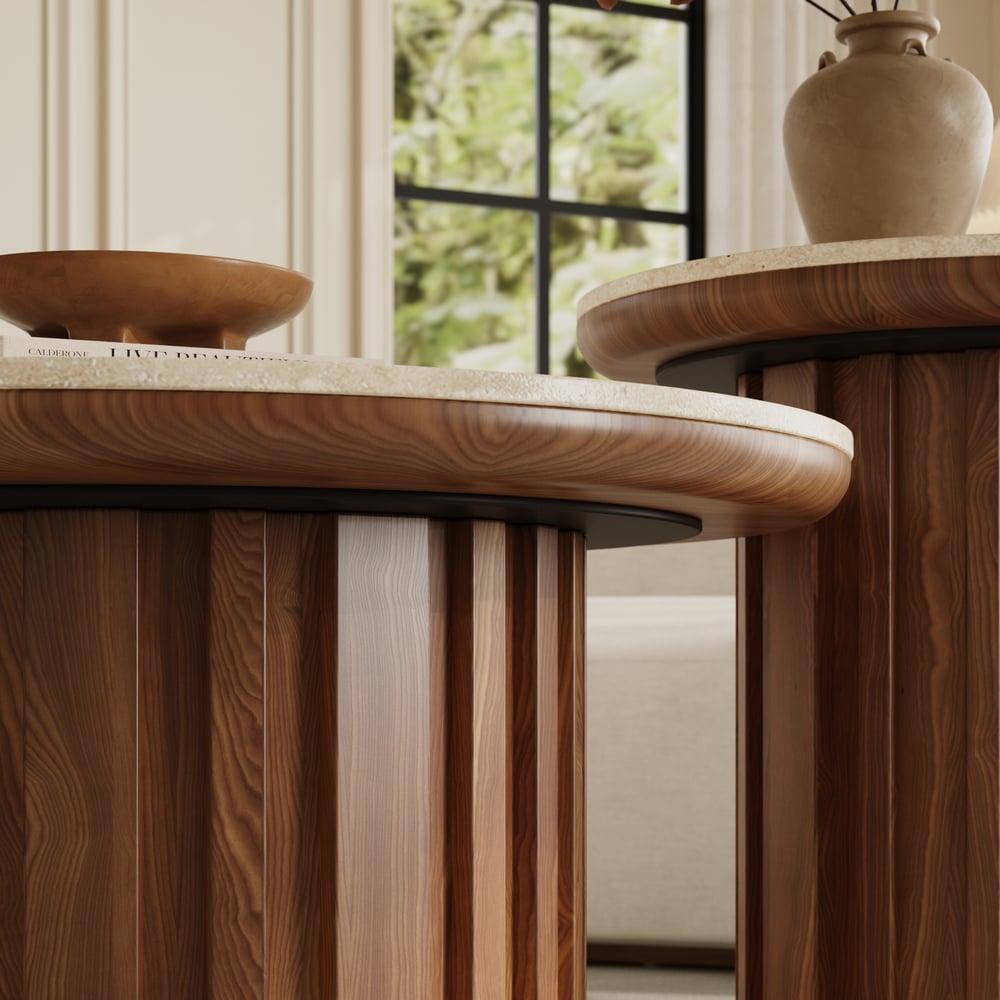 Aura 2 Piece Set Ash Wood Slatted  Round Coffee Table with Sintered Stone Top(20" - 28") window image