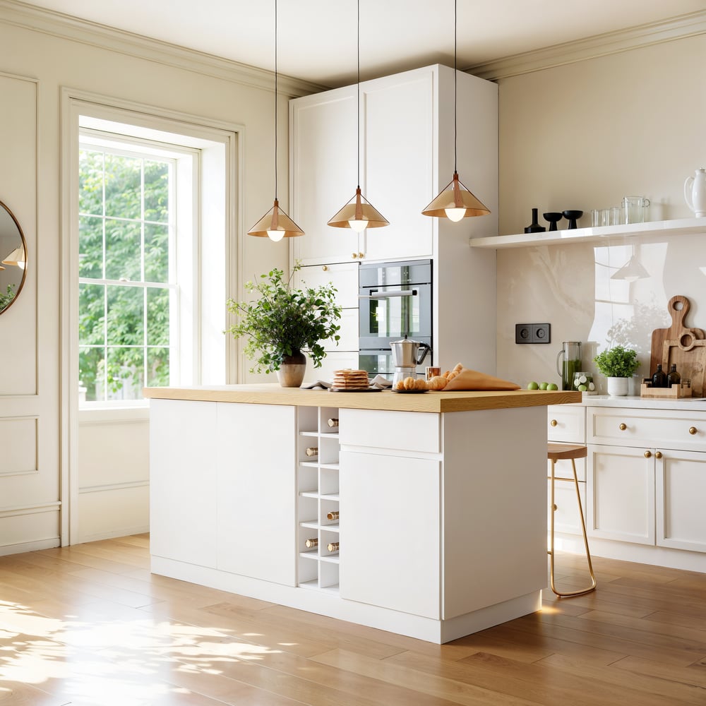 72" Japandi Style Wood Kitchen Island with Multi-Storage and LED Light Natural & White window image