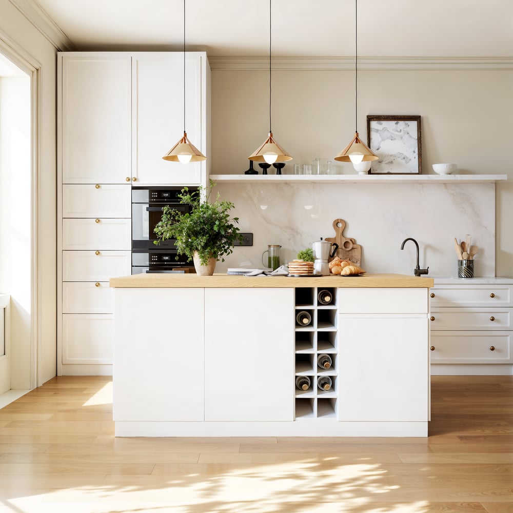 72" Japandi Style Wood Kitchen Island with Multi-Storage and LED Light Natural & White window image