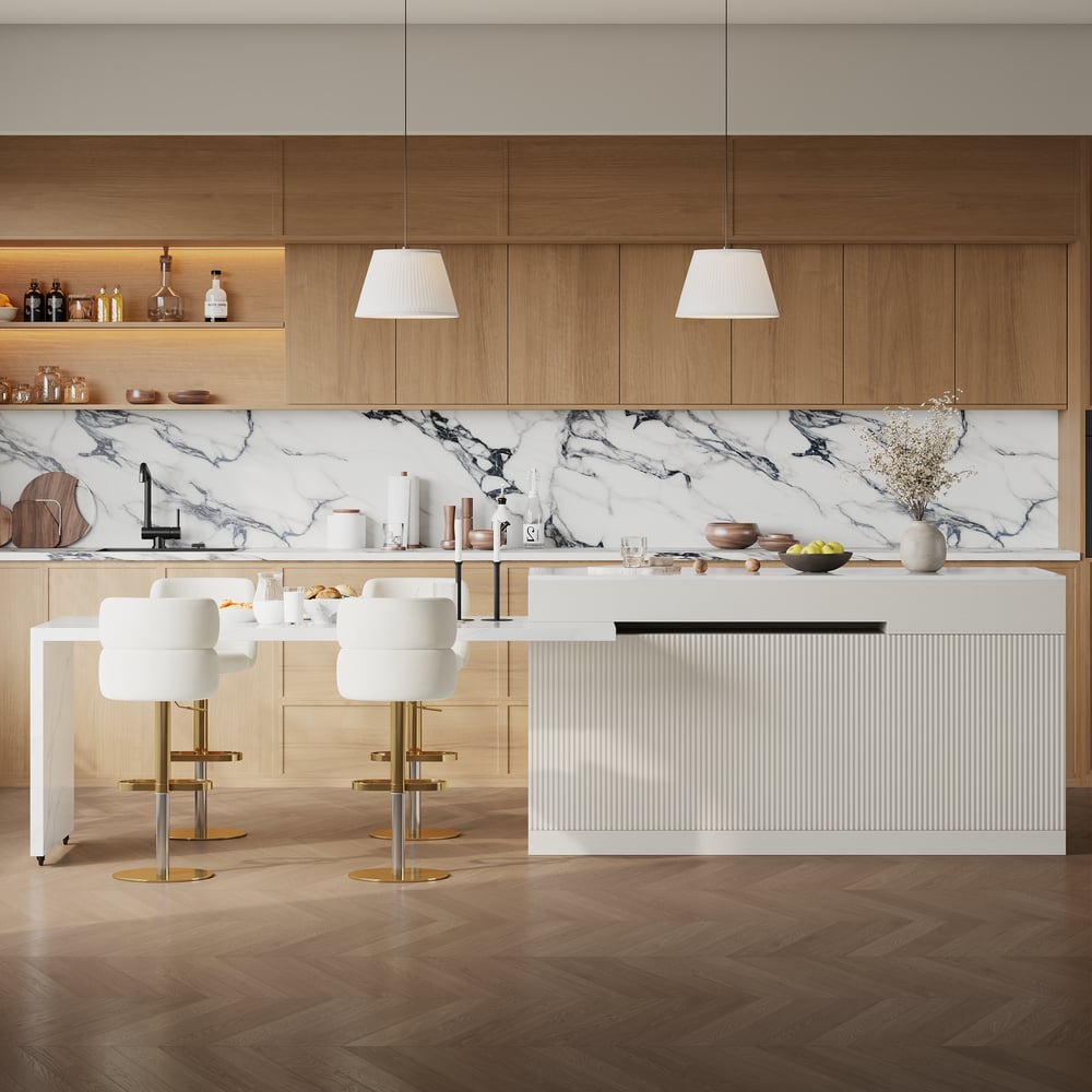 Modern 81"-106" Sintered Stone Kitchen Island with Drawers & Doors, White window image