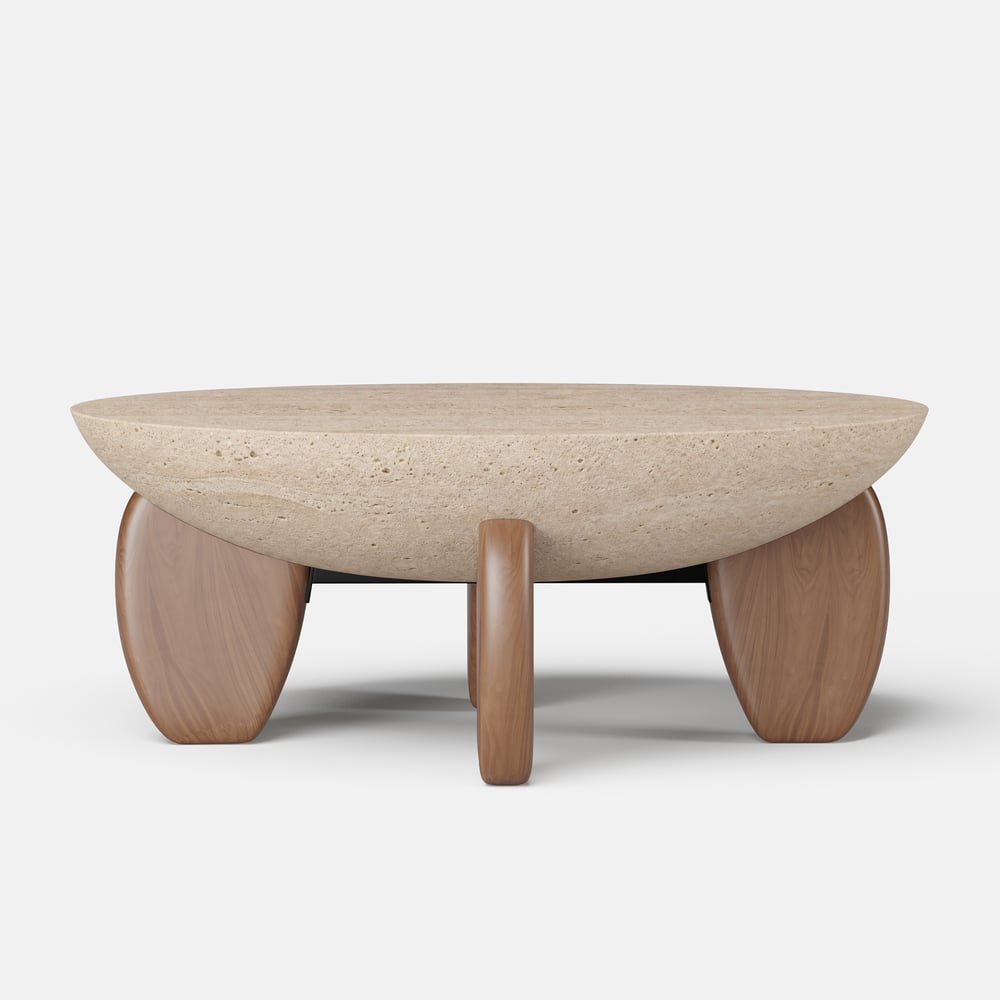 Table basse Curva ronde 94 cm en béton noyer avec pieds en bois image de fenêtre