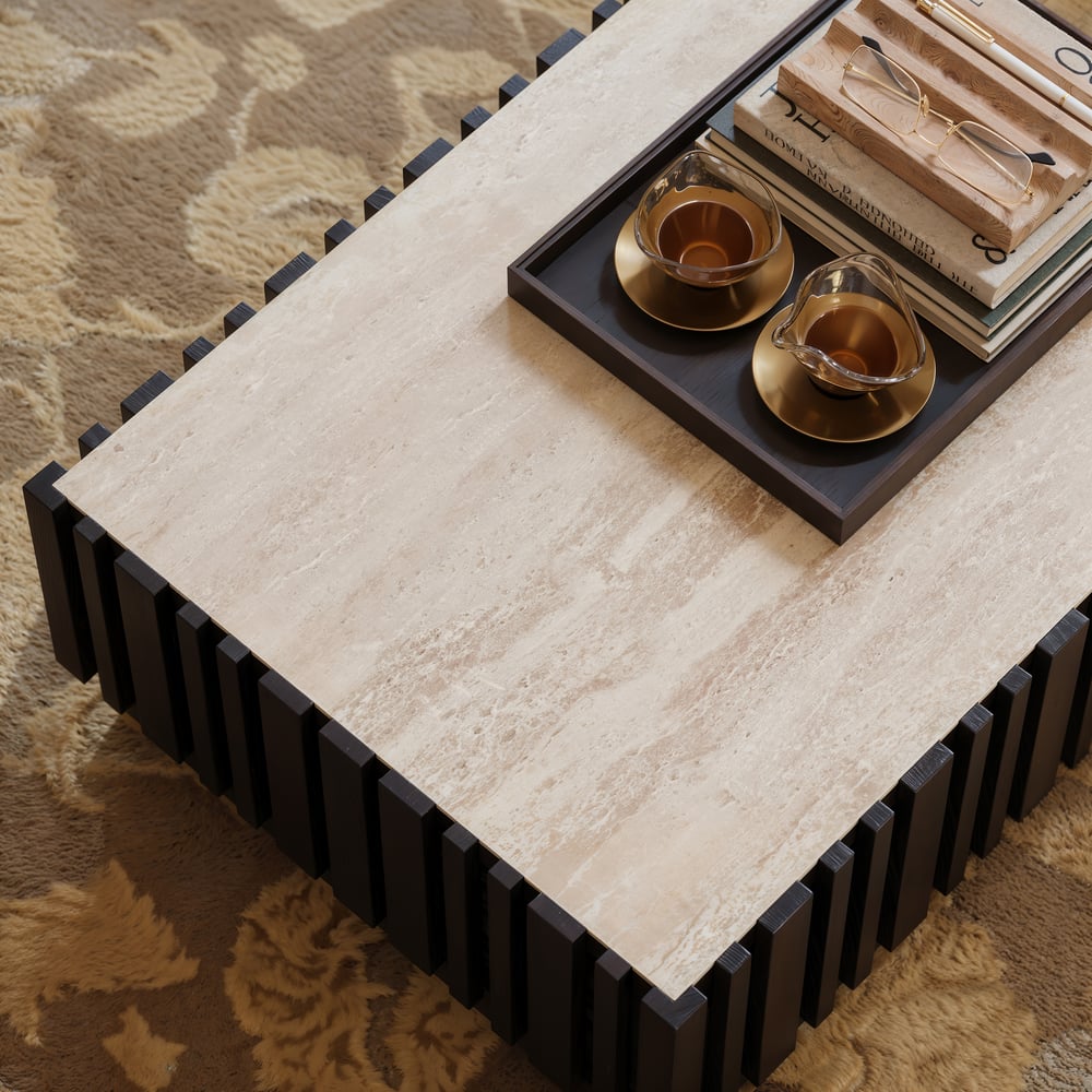 Table basse à lattes Aura 47" en bois de frêne avec plateau en pierre frittée image de fenêtre