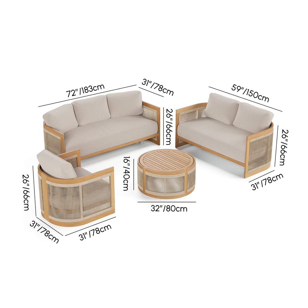 4-Piece Outdoor Teak & Rope Weave Sofa Set with Coffee Table for 6 weights dimensions image