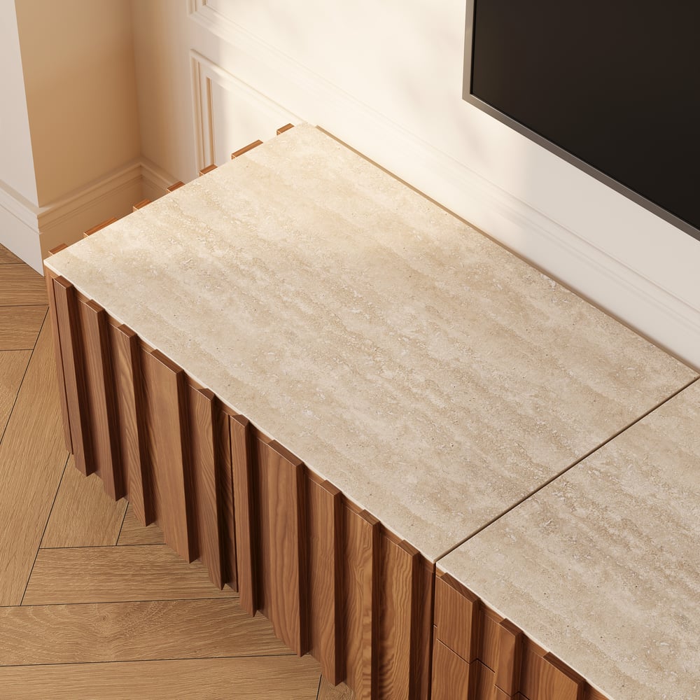 Aura 80" Ash Wood Fluted Walnut Projector TV Stand with Sintered Stone Top window image