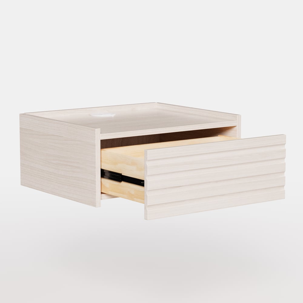 Zwevend houten nachtkastje met verlichting & oplaadstation Vensterafbeelding