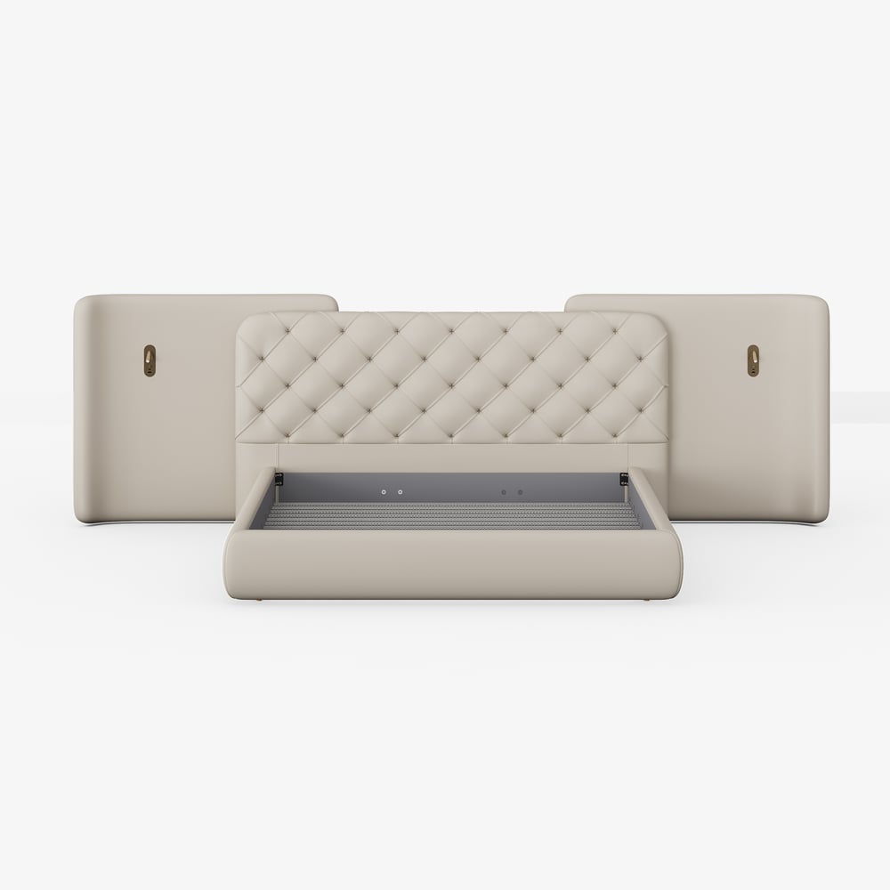 Modern King Genuine Leather Tufted Bed with Wide Charging Headboard & Light window image
