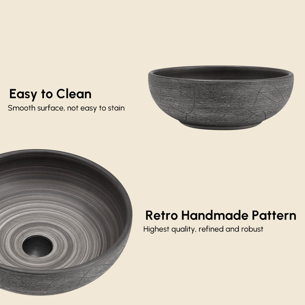 Vasque de salle de bain ronde en céramique grise de 40cm – évier à poser avec glaçure mate image de fenêtre