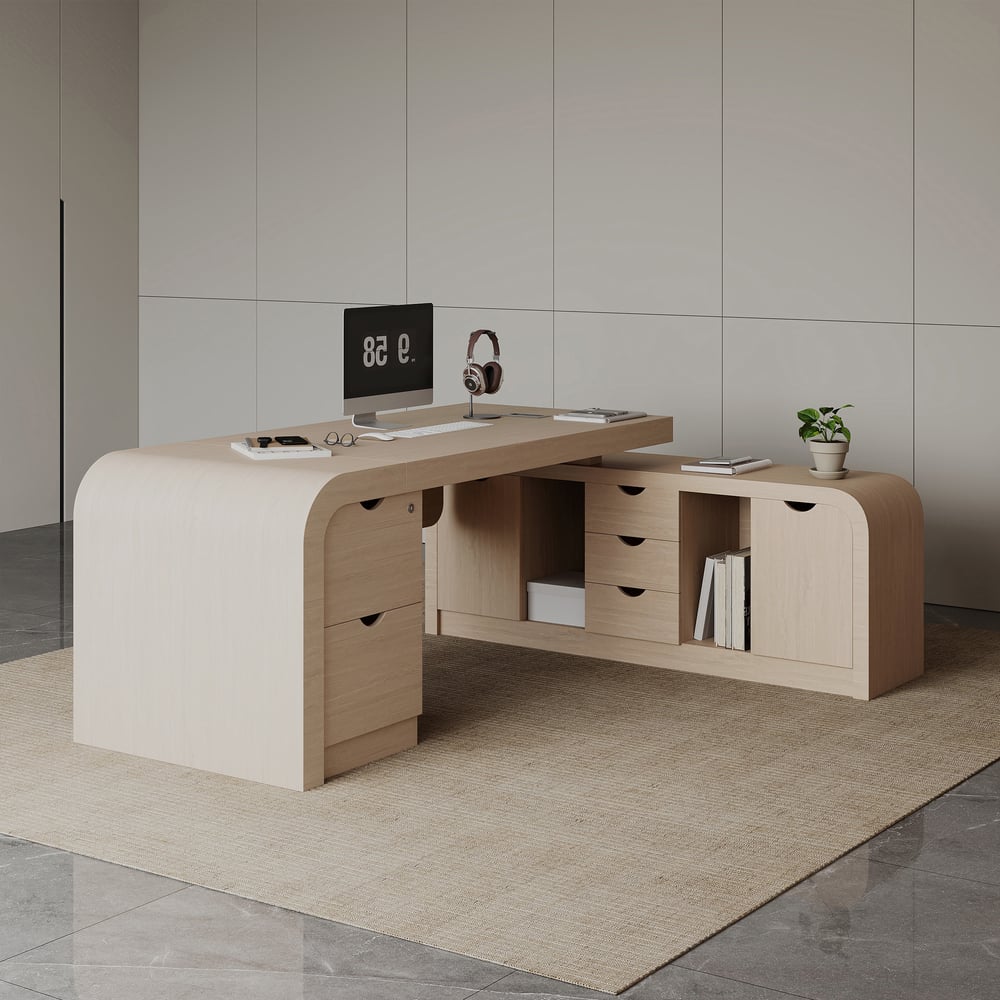 70.9" Whitewash L-shaped Executive Desk Right Hand & Reclining Leather Office Chair window image