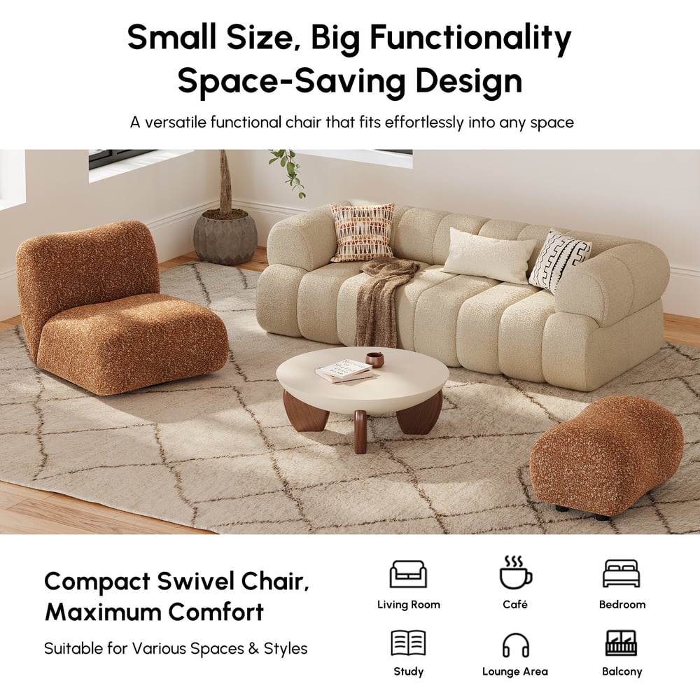 Set of 17" Performance Boucle Upholstered Curved Slipper Accent Chair and Ottoman window image