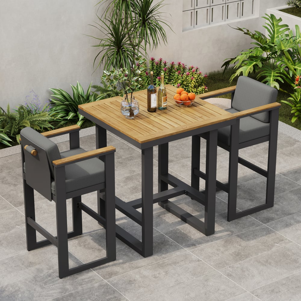 Tevara 3-Piece Outdoor Teak Wood Modern Bar Dining Table Set with 2 Chairs window image