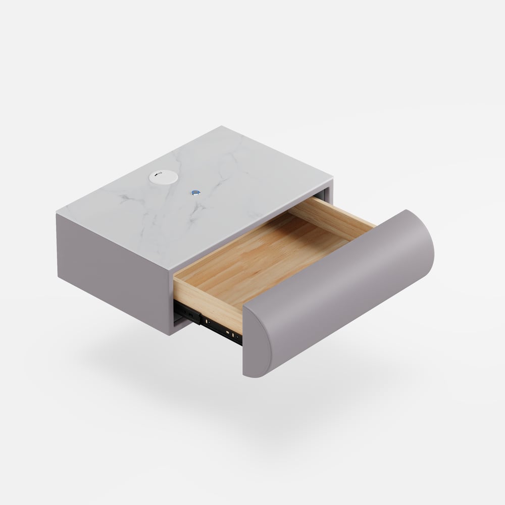 Comodino Smart Humply Sospeso in Pelle con 1 Cassetto, LED e Piano in Pietra Sinterizzata Immagine della finestra
