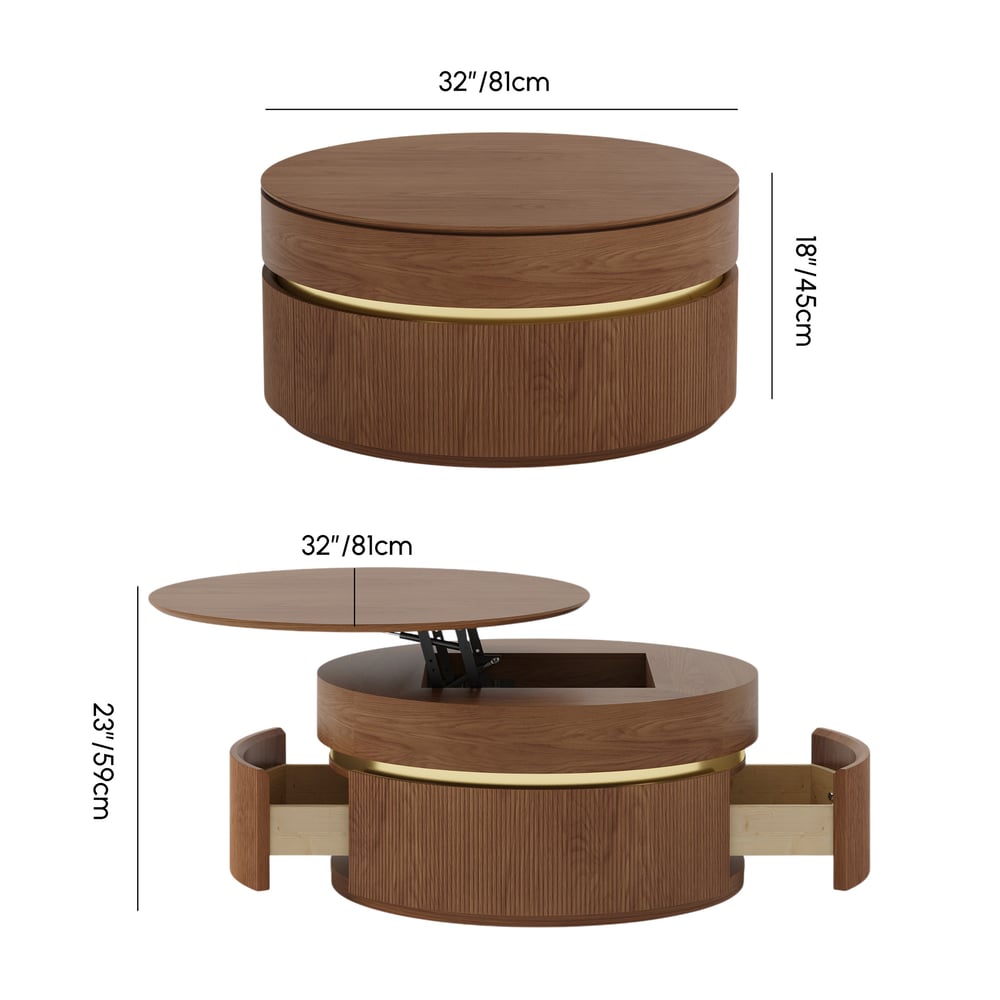 Table basse ronde en noyer à plateau relevable cannelé de 32 pouces avec 2 tiroirs Poids, dimensions, image