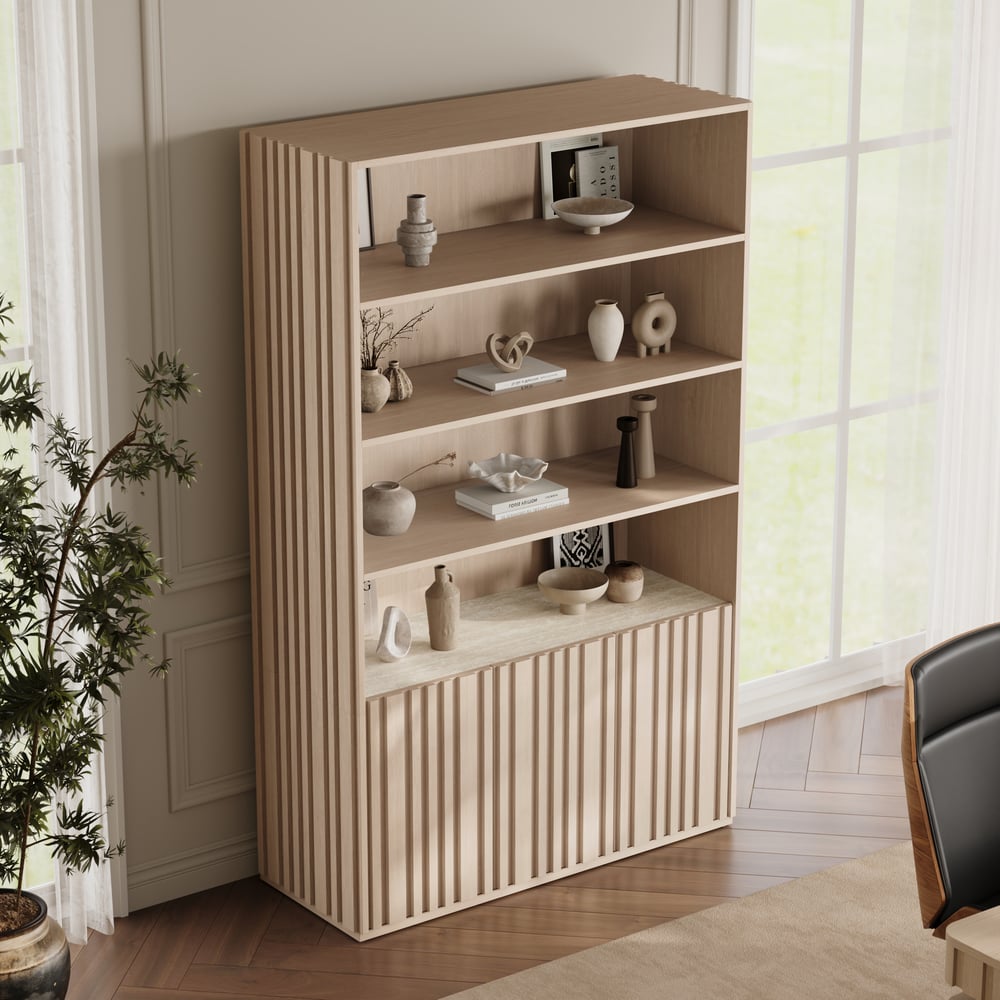 Aura 120cm Boekenkast van Essenhout met Gegroefde Details en Blad van Sintersteen Vensterafbeelding