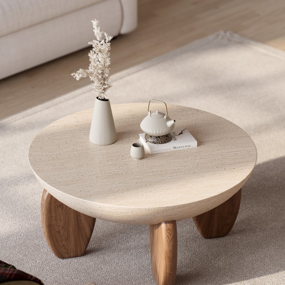 Table Basse Curva 76 cm Ronde en Béton Noyer avec Pieds en Bois image de fenêtre