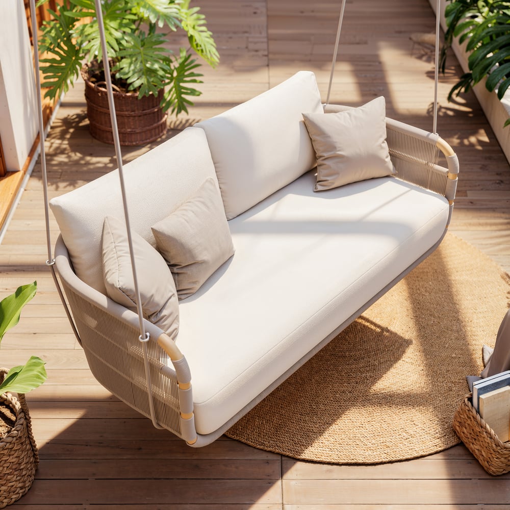 Costra 2-Seater Outdoor Aluminum Handwoven Rope Hanging Swing Chair window image
