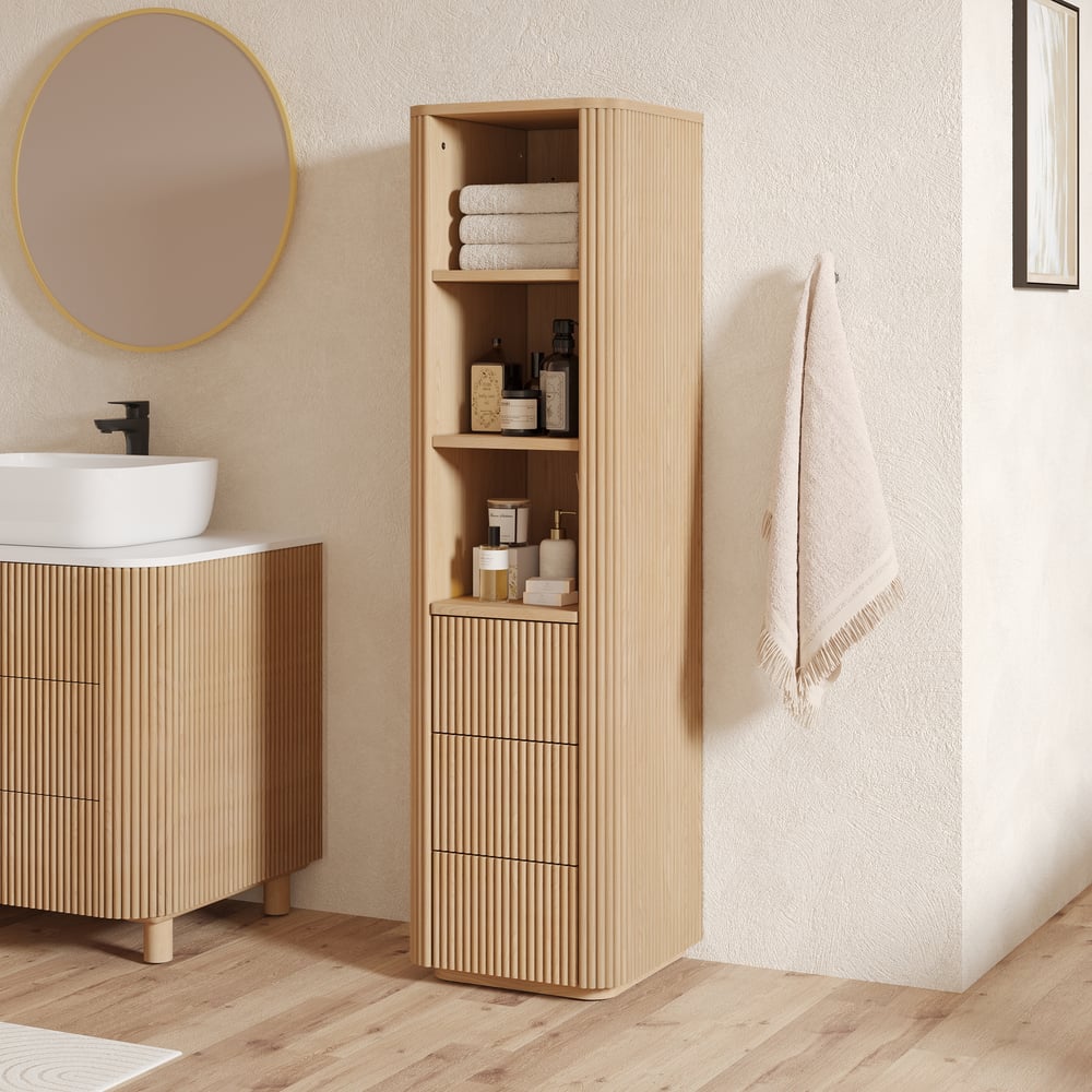 Fluted 58" Bathroom Linen Cabinet with 3 Drawers and Open Shelves window image