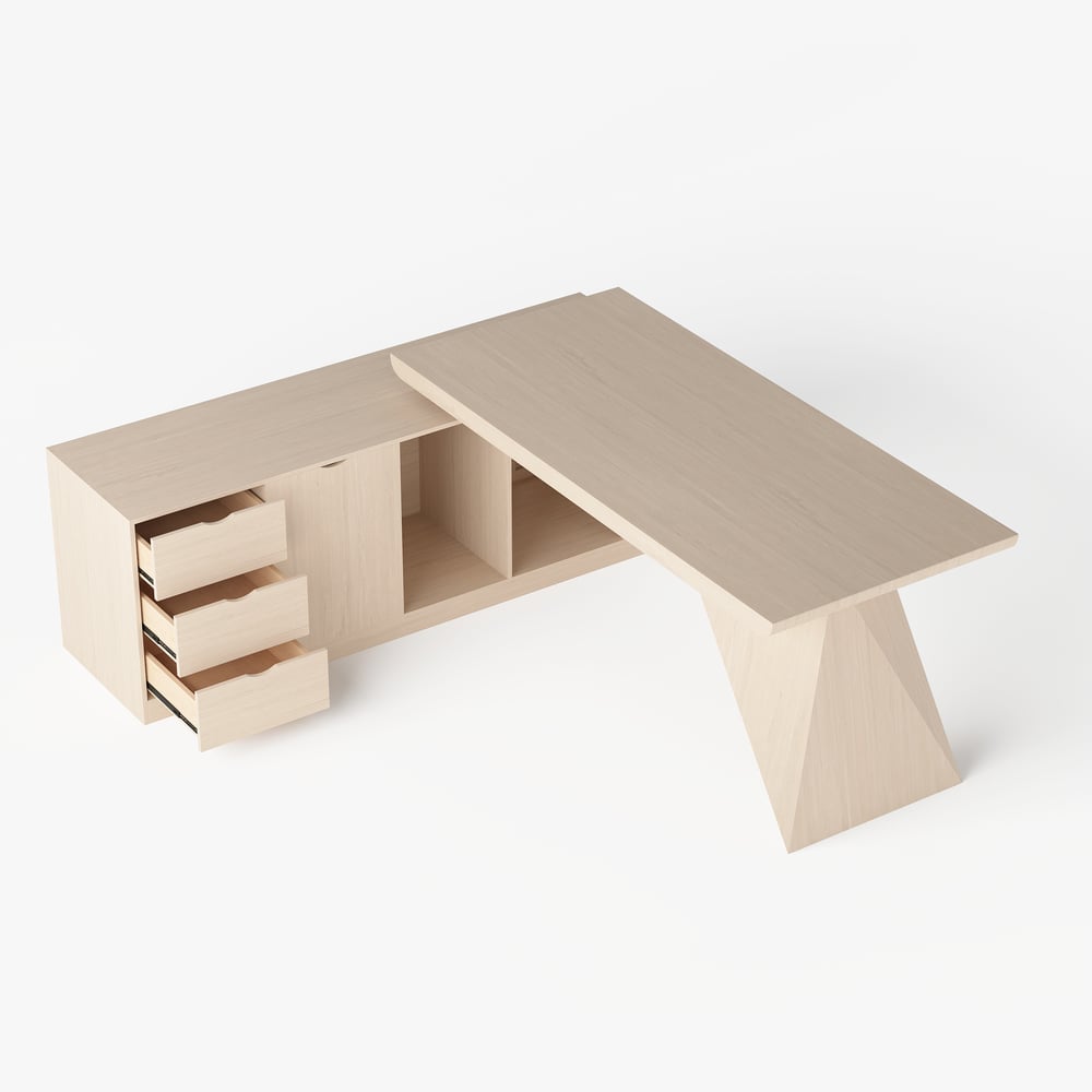 Escrivaninha executiva moderna em forma de L de 180 cm com acabamento em branco lavado e armazenamento, mão esquerda Imagem da janela