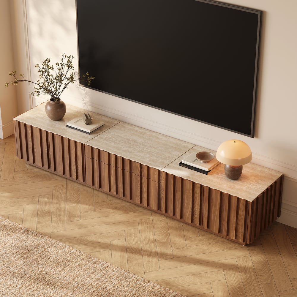 Aura 80" Ash Wood Fluted Walnut Projector TV Stand with Sintered Stone Top window image
