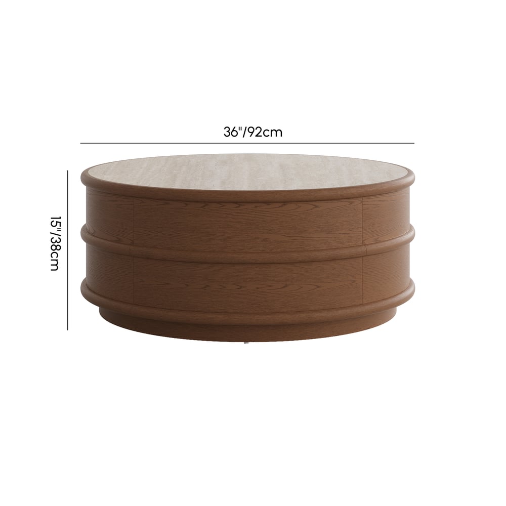 36" Ash Wood Round Coffee Table with Sintered Stone Top weights dimensions image