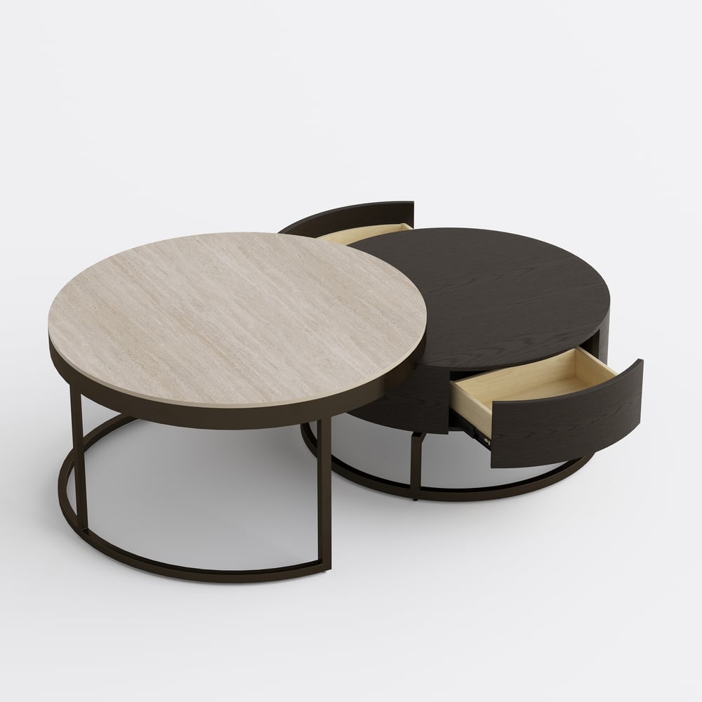 Ensemble de 2 tables basses gigognes rondes Nesnesis de 28" à 32" en noyer avec plateau en pierre frittée image de fenêtre