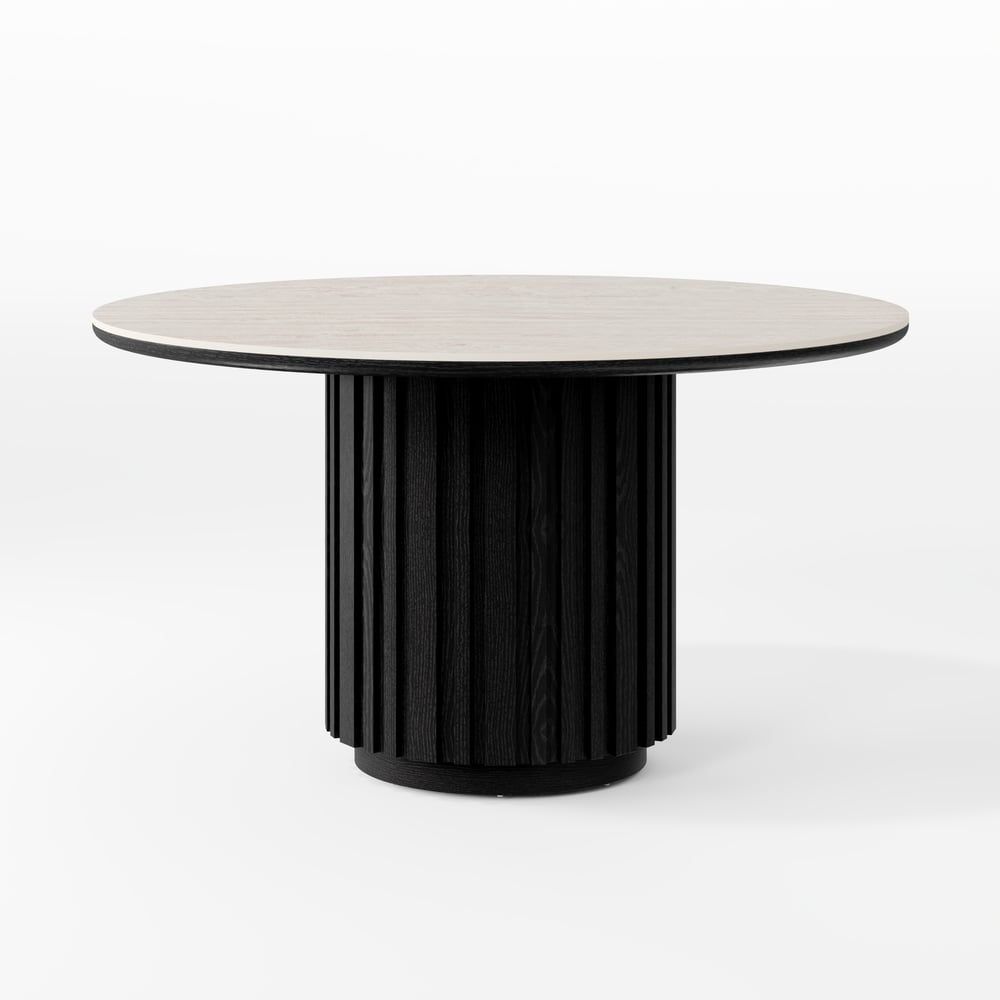 Aura 47" Round Black Faux Travertine Sintered Stone Dining Table, Fluted Base, Seats 4 window image