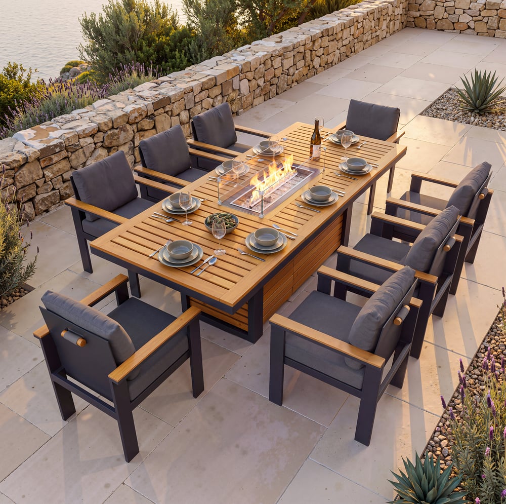 Tevara 9 Pieces Outdoor Dining Set with Propane Fire Pit Table & Aluminum Armchair window image