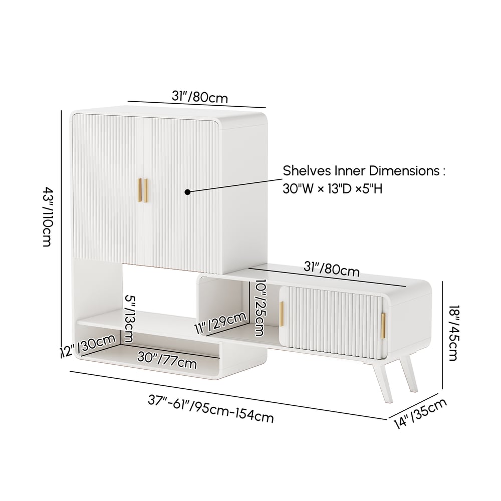 37" Warm White Shoe Storage Fluted Entryway Cabinet, Right Hand weights dimensions image