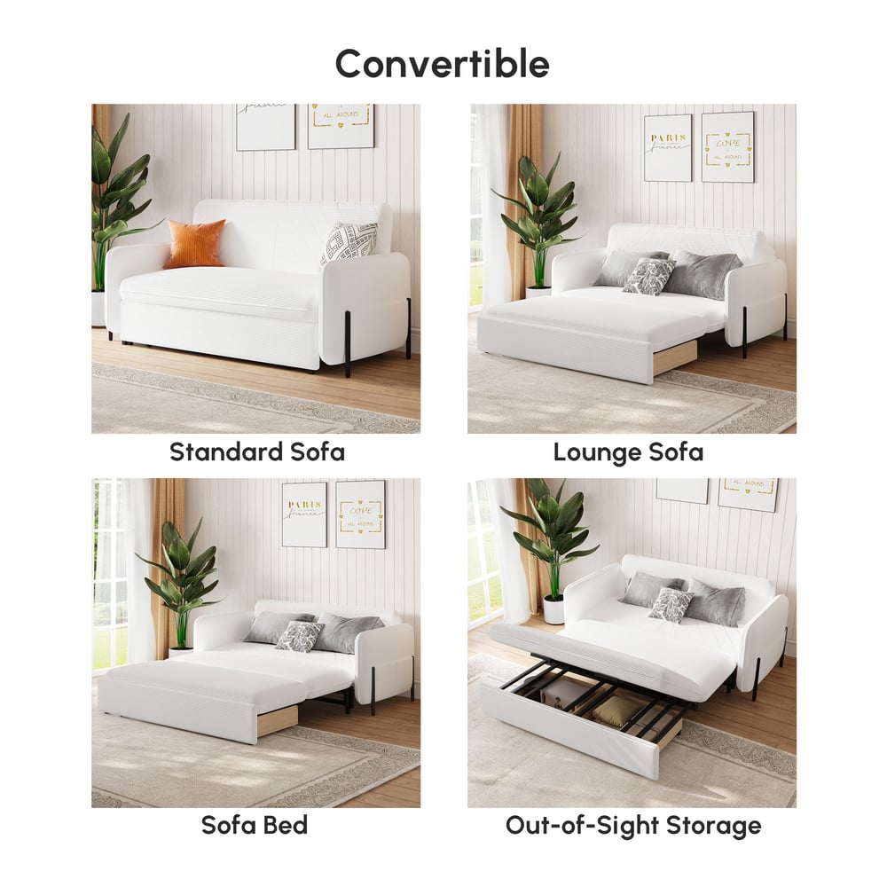 Canapé convertible lit 172 cm 2 places velours côtelé blanc avec rangement et coussins image de fenêtre