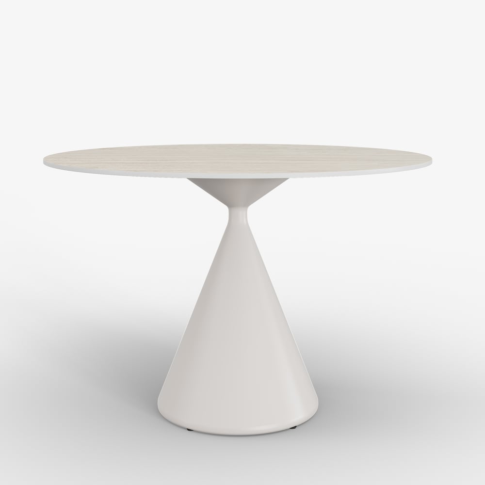 Table à manger ronde moderne en pierre frittée de travertin mat de 99 cm, 2 places image de fenêtre