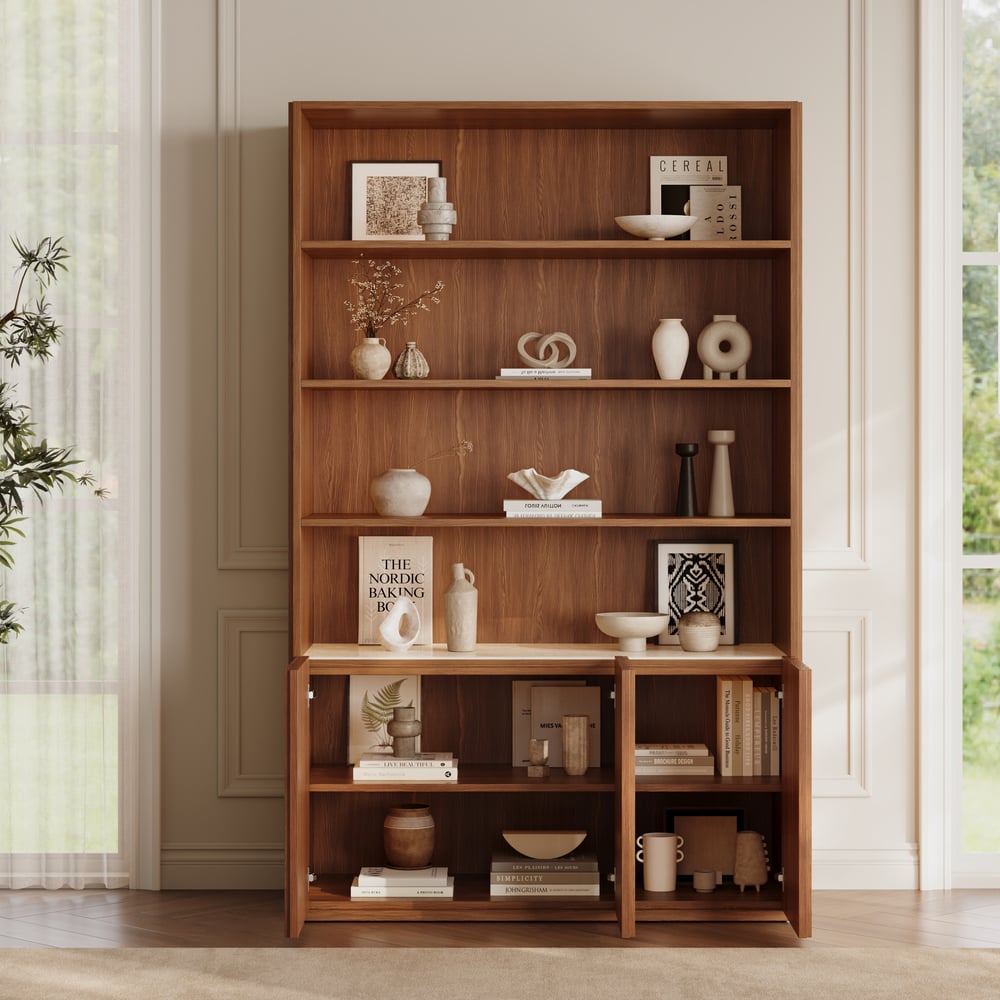 Aura 47” Ash Wood Fluted Walnut Bookcase With Sintered Stone Top window image