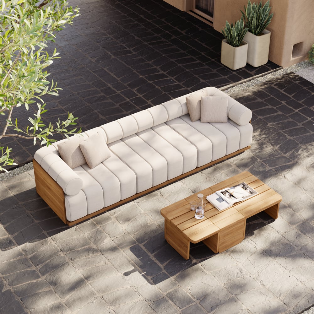 Resaro Teak Wood Deep-Seat 3-Seater Outdoor Sofa Warm White window image