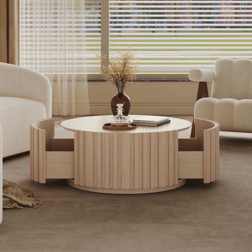 Aura 35" Round Washed White Slatted Sintered Stone Coffee Table with 2 Drawers window image