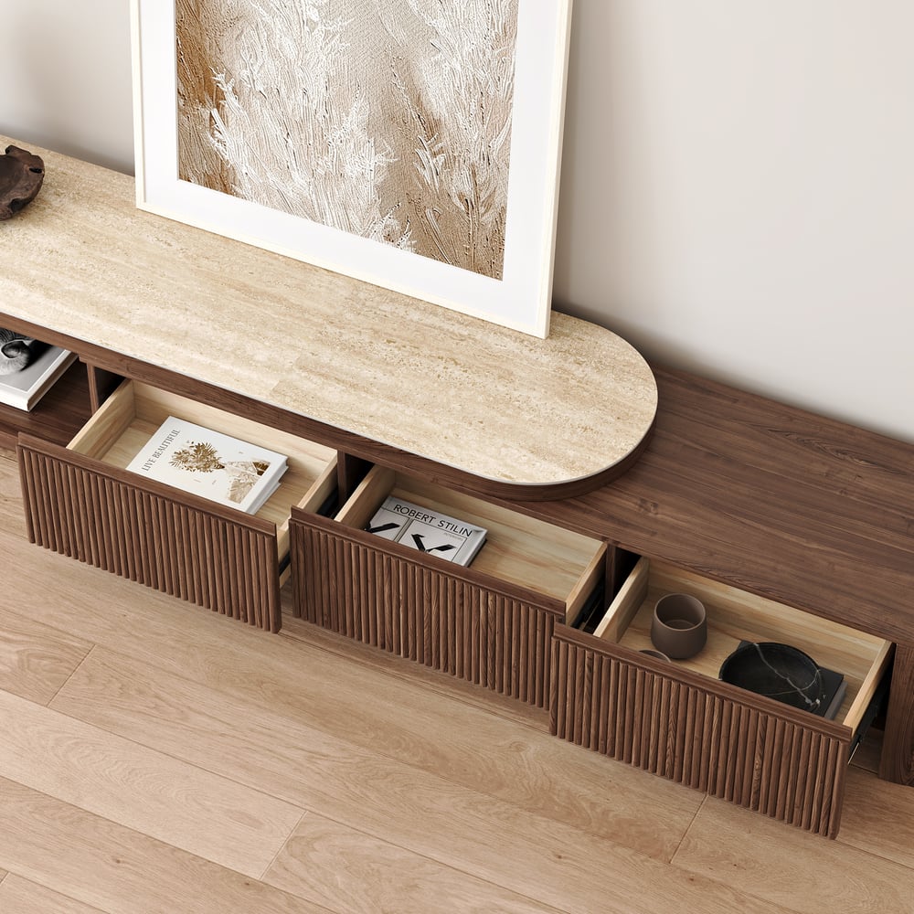 Rack de TV Extensível Velar 71"-114" com Tampo de Pedra Sinterizada e 3 Gavetas Imagem da janela