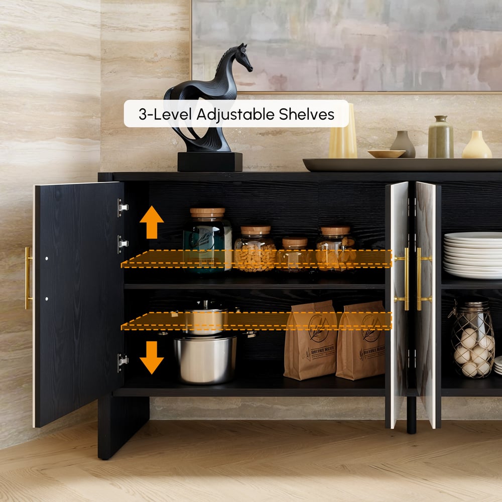 Modern 72" Sintered Stone Sideboard with Oak Wood Frame & Adjustable Shelves window image