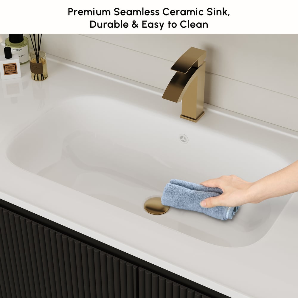 Mueble de baño flotante moderno de 120 cm con lavabo, LED suave, amplio almacenamiento Imagen de ventana