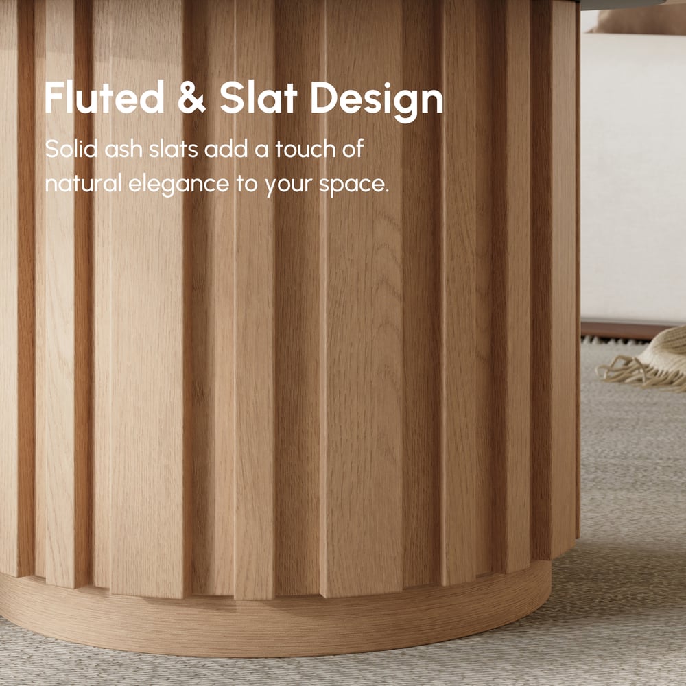 Aura 2 Piece Set Ash Wood Slatted  Round Coffee Table with Sintered Stone Top(20" - 28") window image