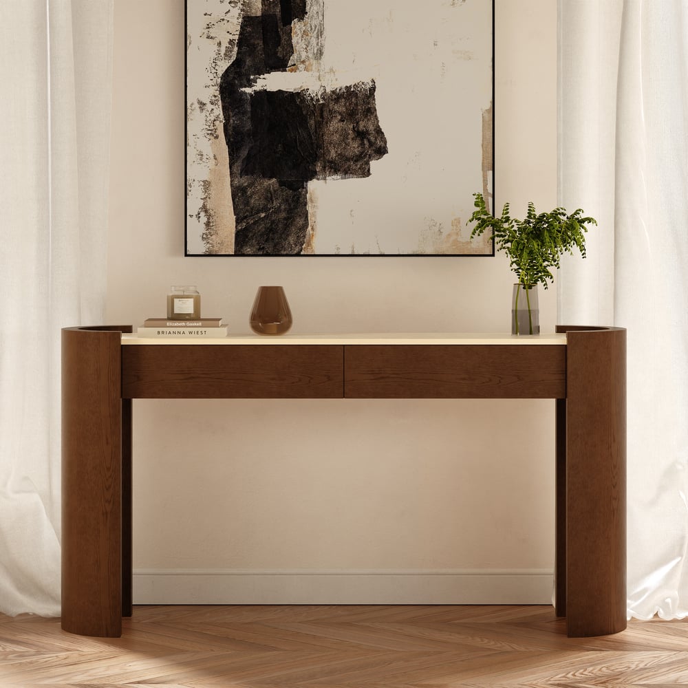 Console ovale Japandi de 60 pouces en pierre frittée avec 2 tiroirs image de fenêtre