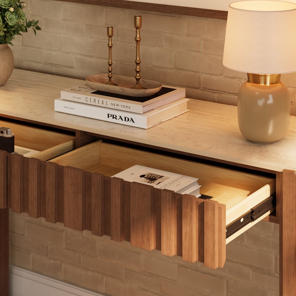 Aura 60" Ash Wood Fluted Walnut Console Table With SIntered Stone Top window image