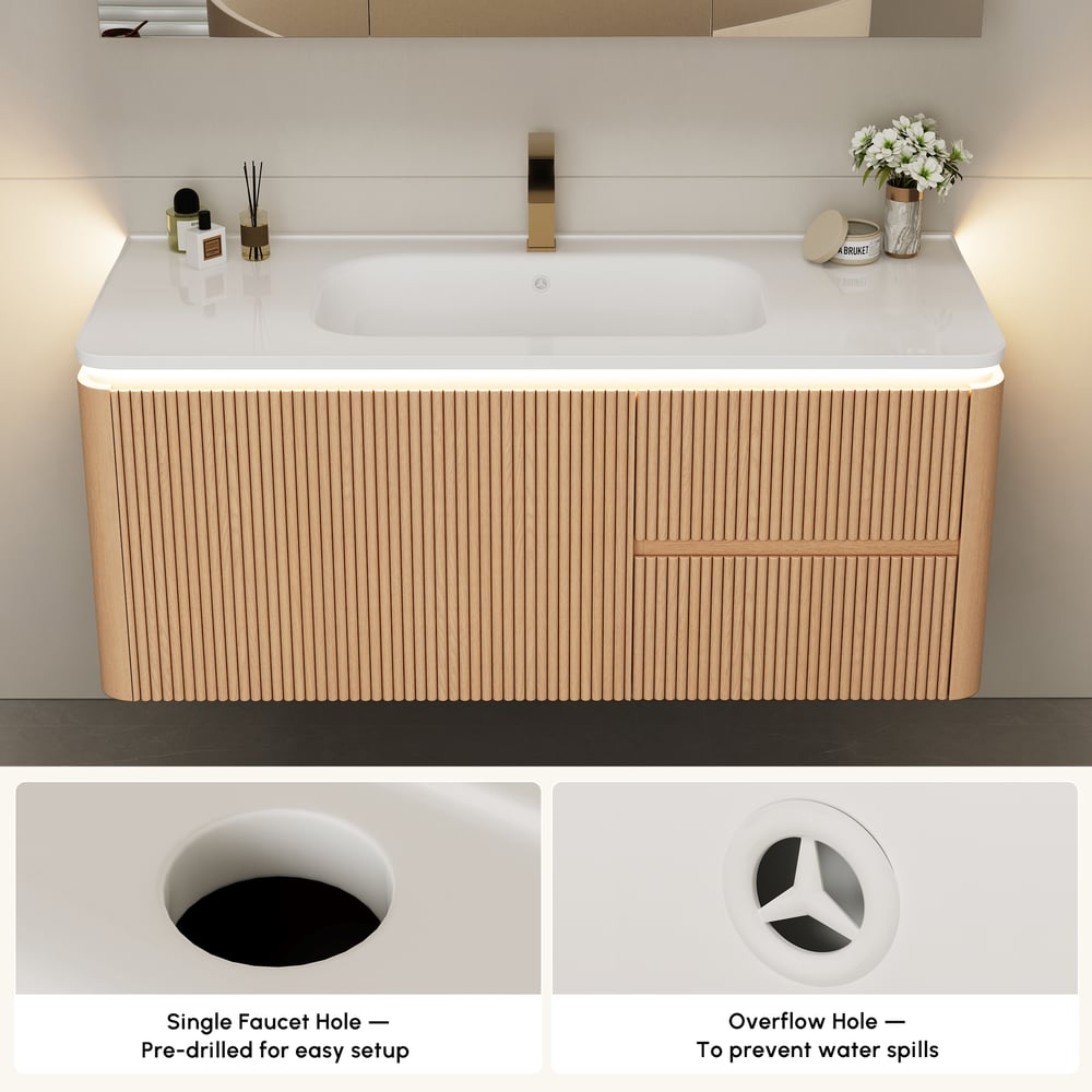 Moderní 119 cm plovoucí rýhovaná koupelnová skříňka s umyvadlem, měkkým LED osvětlením a dostatkem úložného prostoru obrázek okna