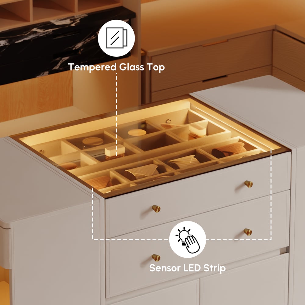 Selvo Saddle Leather Glass Top Closet Island with Storage, Light and Jewelry Display window image