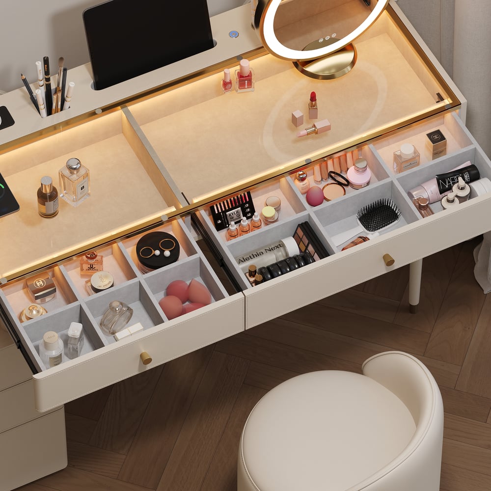 Selva Oatmeal Saddle Leather LED-Makeup Vanity Set with Charing Station and Mirror window image