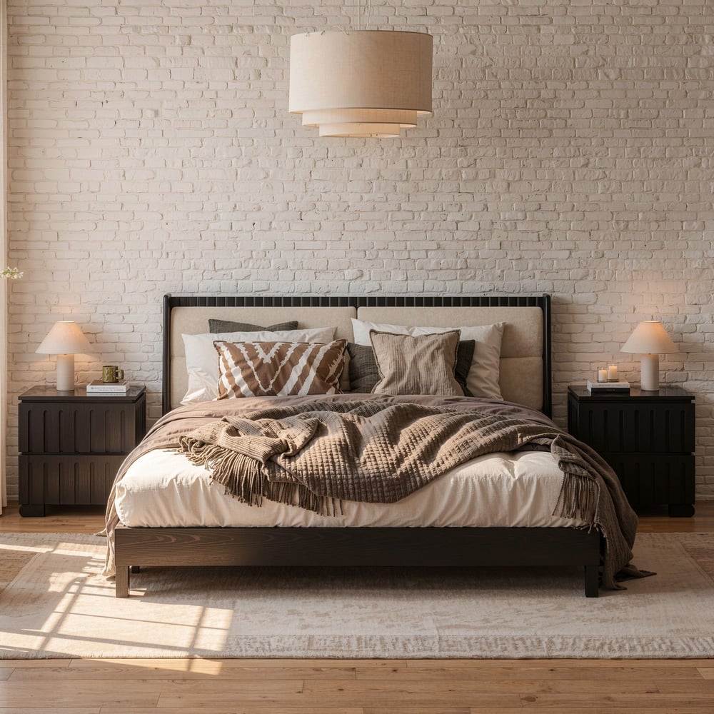 Cama moderna de madeira maciça com almofadas de cabeceira Boucle, 180 x 200 cm Imagem da janela