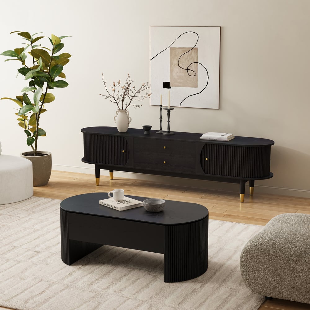 80" Ash Wood Fluted Black TV Stand with Storage window image