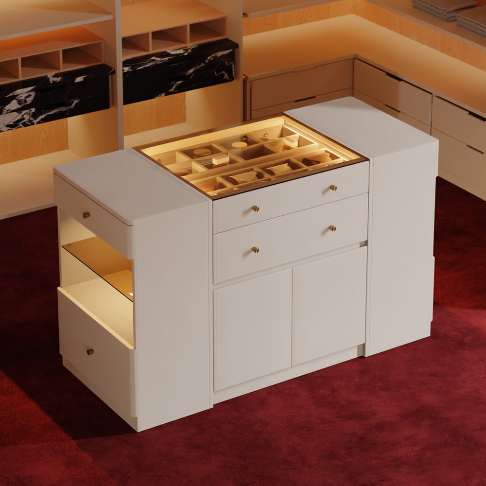 Selvo Saddle Leather Glass Top Closet Island with Storage, Light and Jewelry Display window image