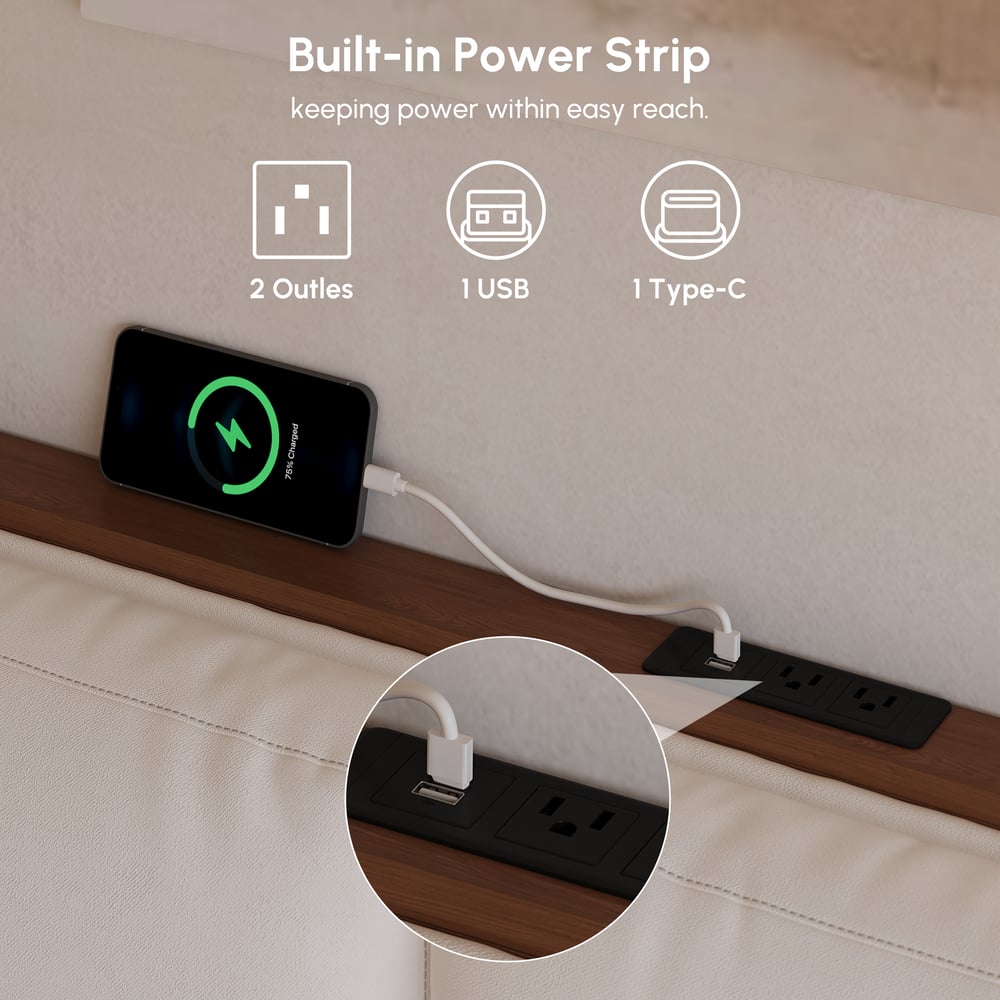 Mid-Century Modern King Solid Wood Bed with Charging Station and Sensor LED window image